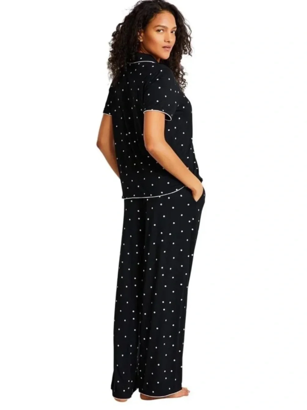 State Of Day Womens Fluid Knit Notched Pajama Set Deep Black Polka Dot Small